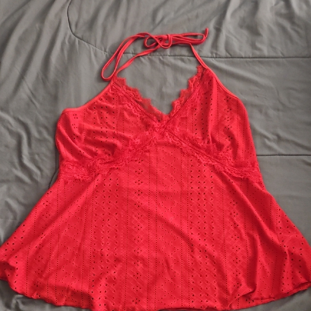 Red Lace Trim Halter Women's Camisole Top